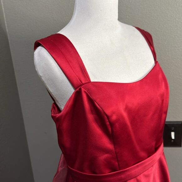 David's Bridal Red Satin Dress F14556 with Sheer Shawl Tea length Wide Strap - Picture 2 of 11